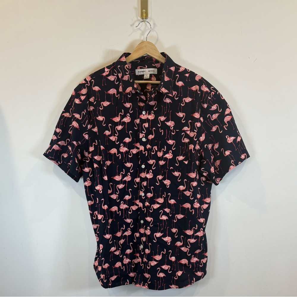 GAP Black and Pink Casual Button Down Shirt with Flamingo Print